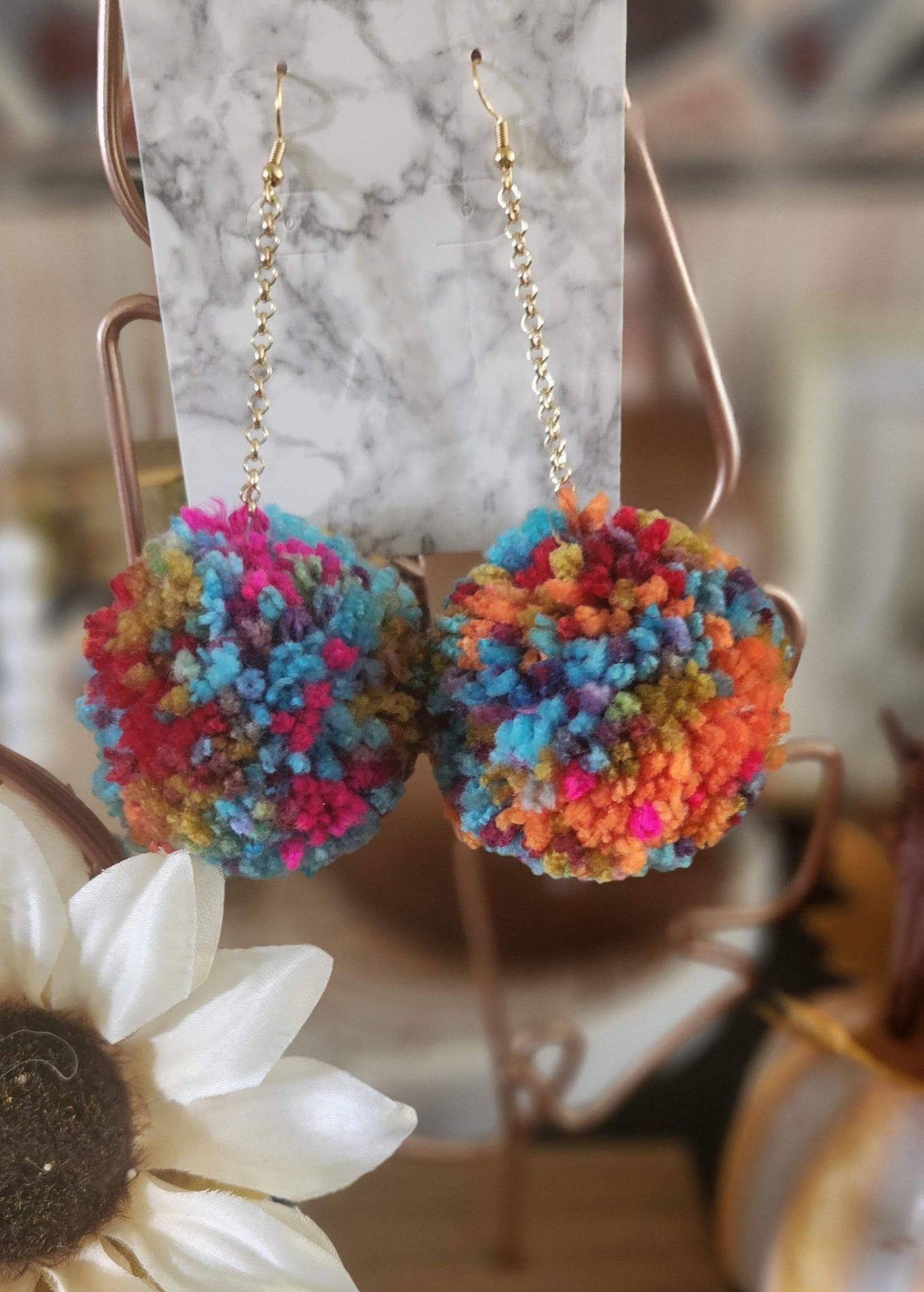 Jewel Tone Tie-Dye Pom Pom Earrings