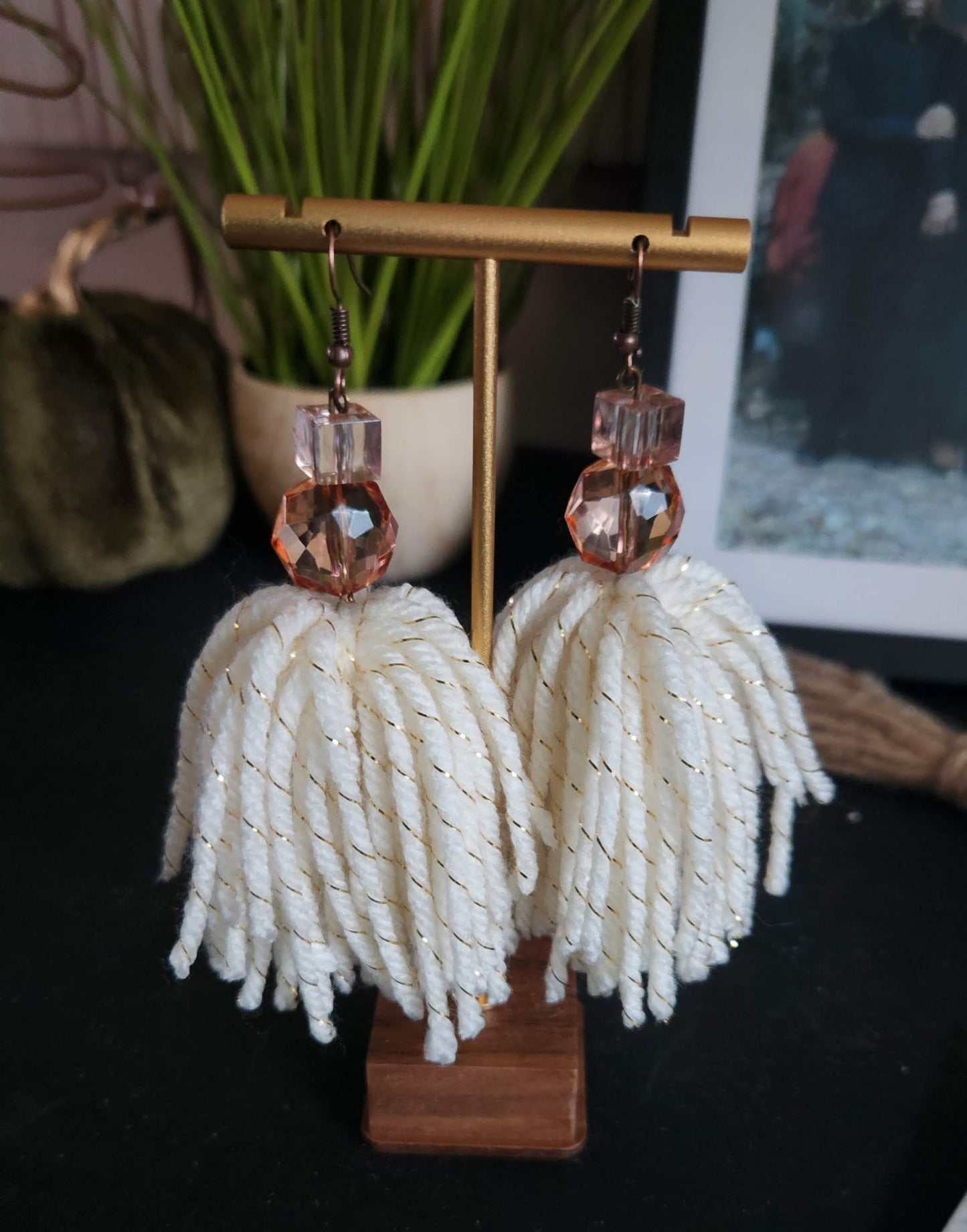 Ivory and Gold Beaded Tassel Earrings