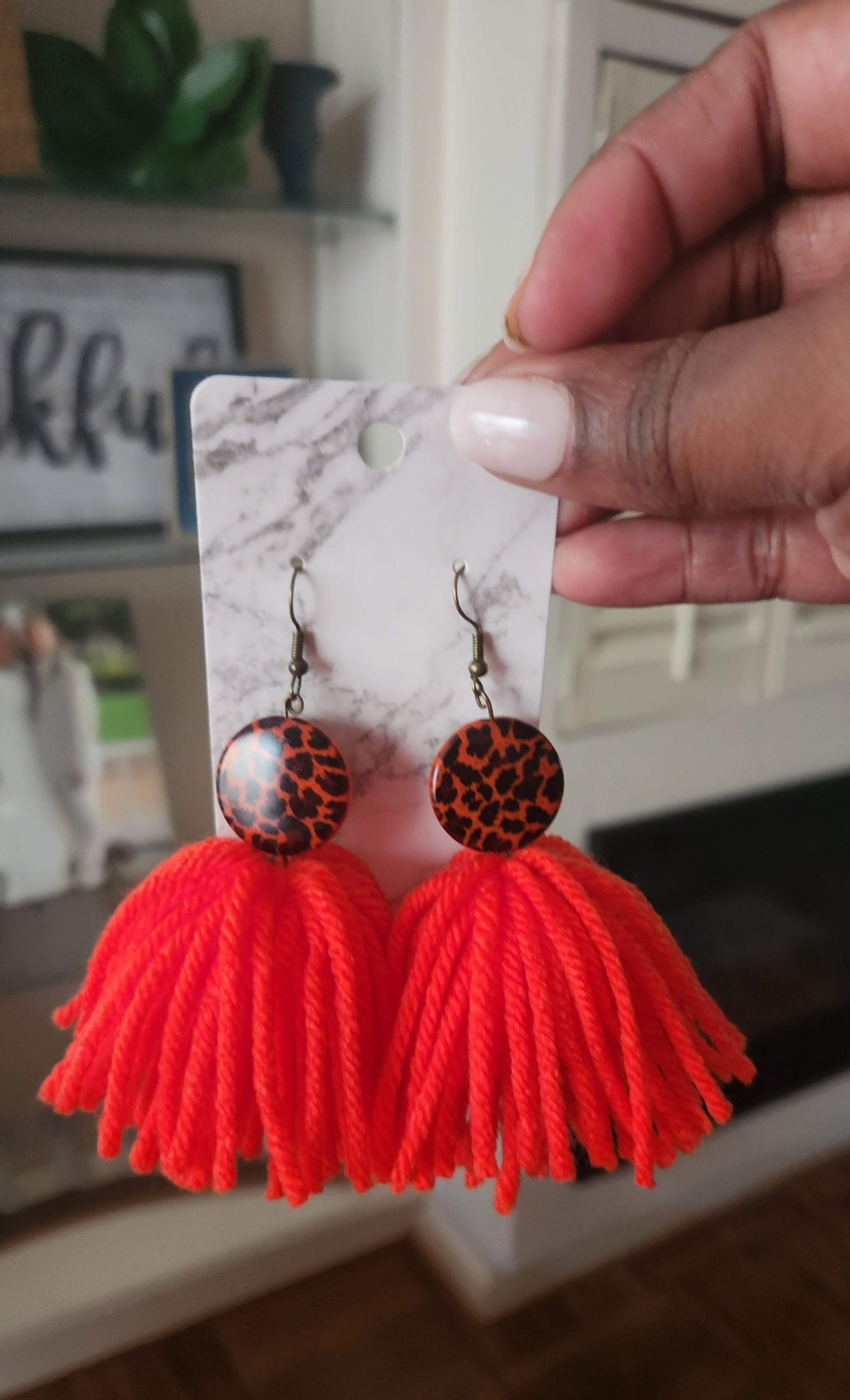 Orange/Black Animal Print Short Tassel Earrings