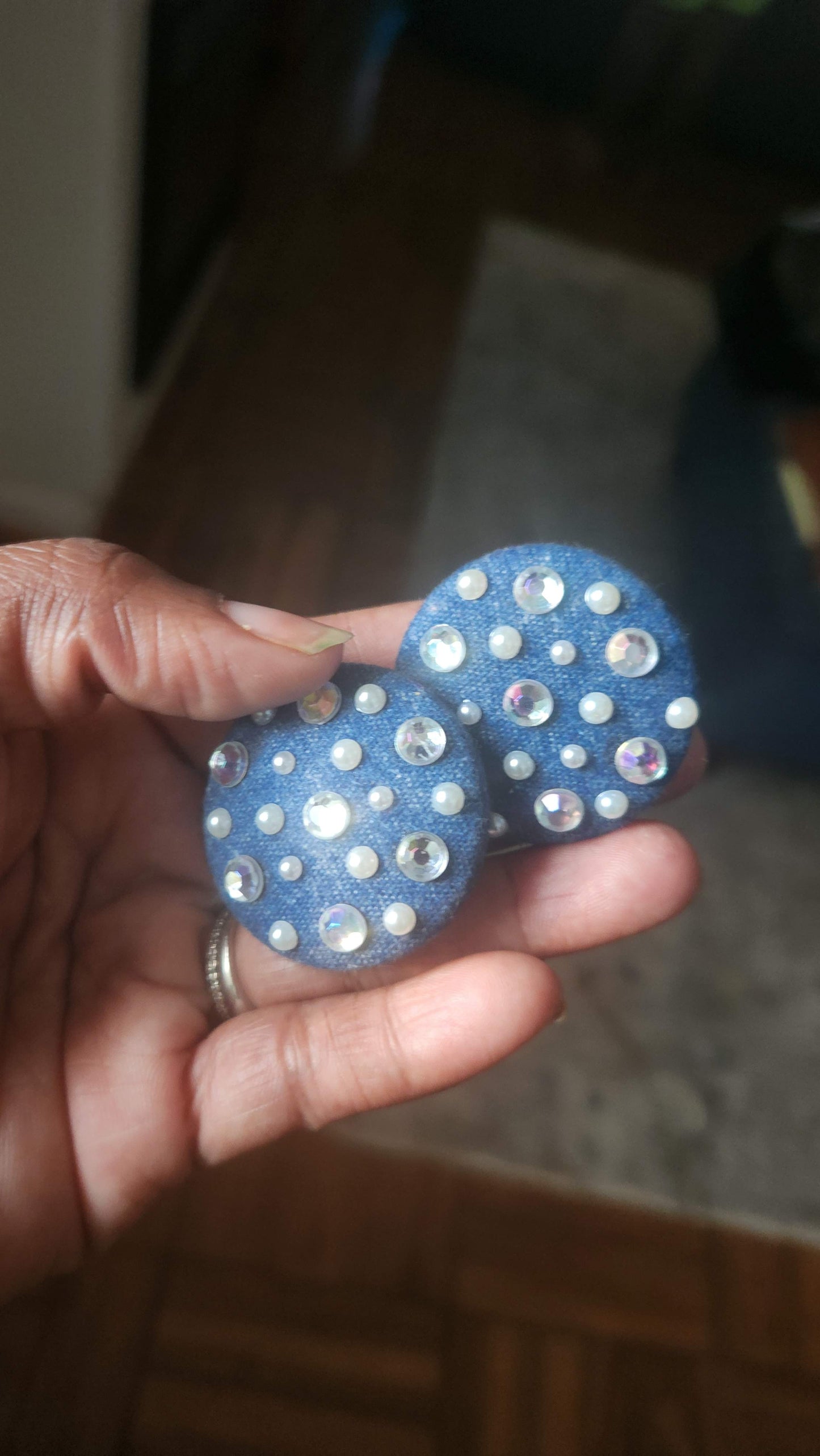 Rhinestone & Pearl Denim Button Earrings