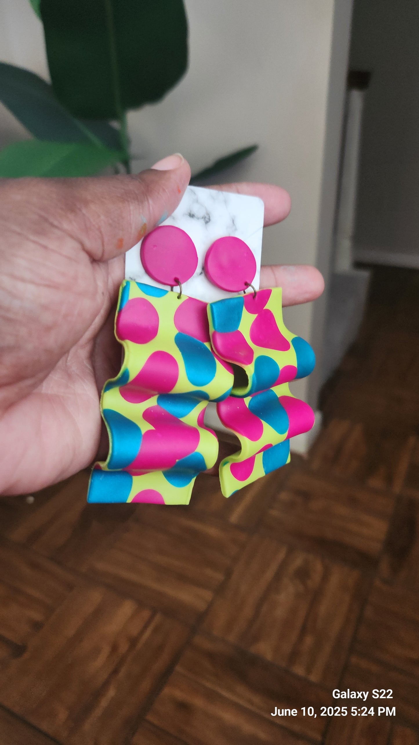 Hot Pink/Lime/Teal Wavy Dangle Earrings
