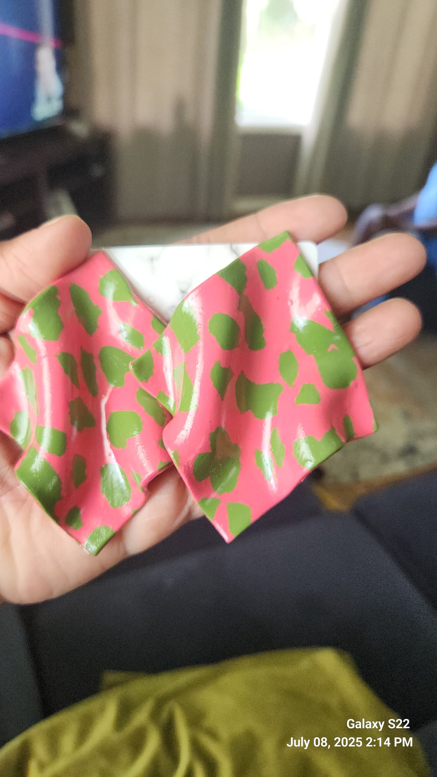 Pink/Green Abstract Sculptured Diamond Statement Earrings