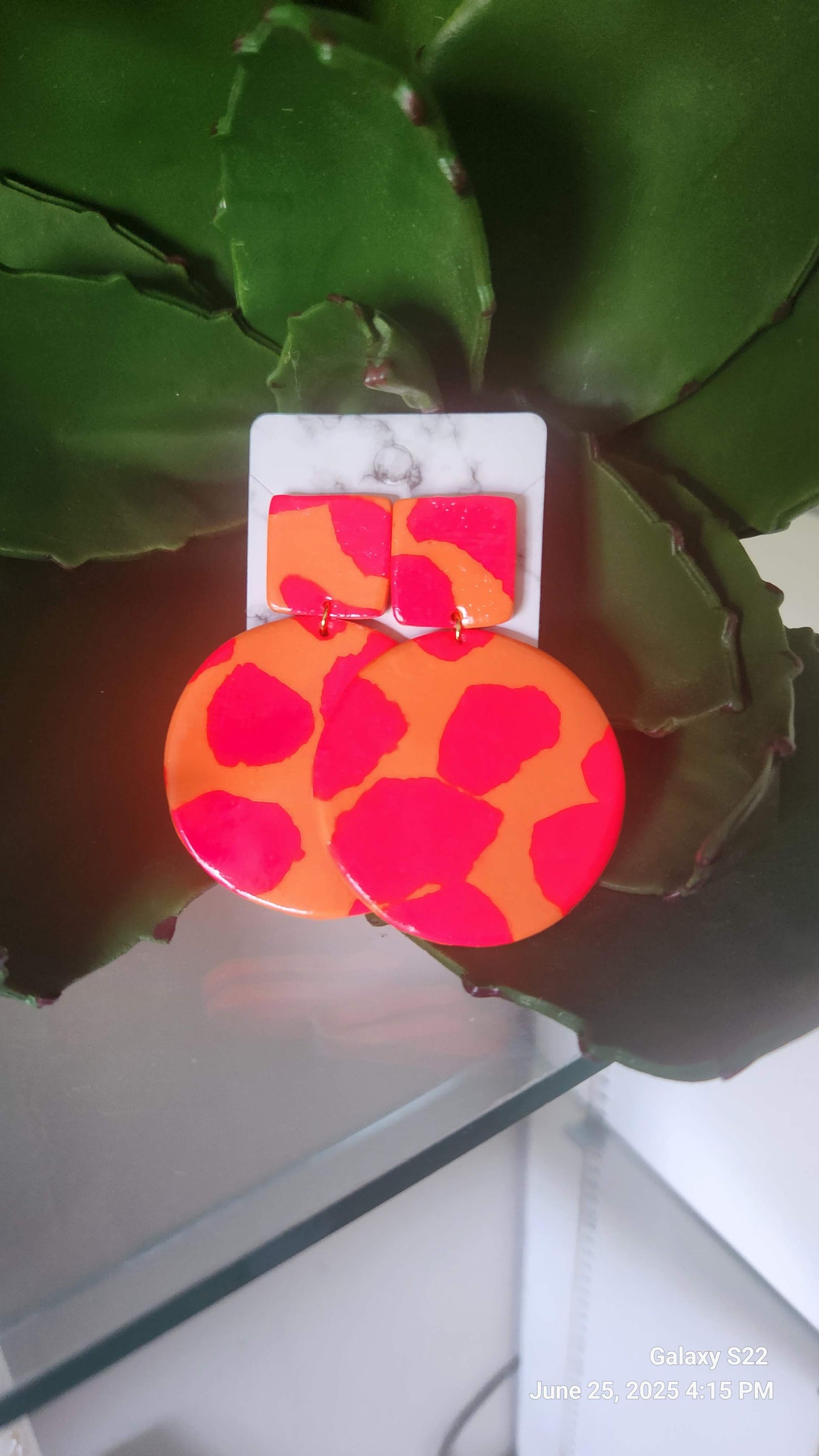 Hot Pink/Orange Clay Round Dangle Earrings