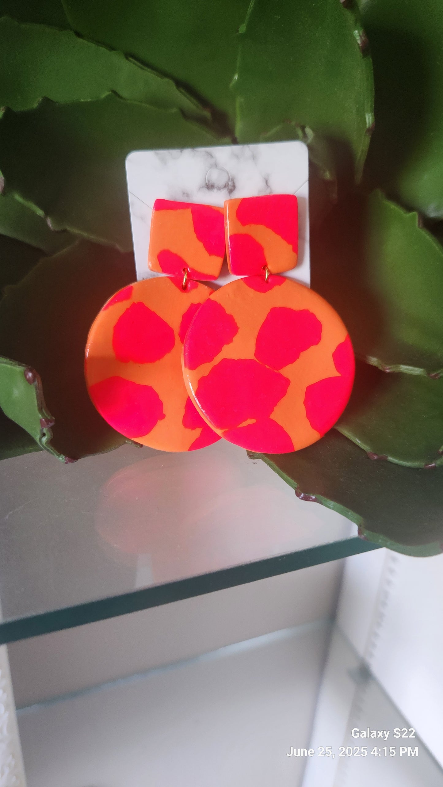 Hot Pink/Orange Clay Round Dangle Earrings