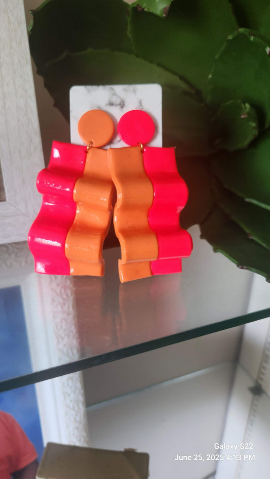 Clay Hot Pink/Orange Split Wavy Dangle Earrings