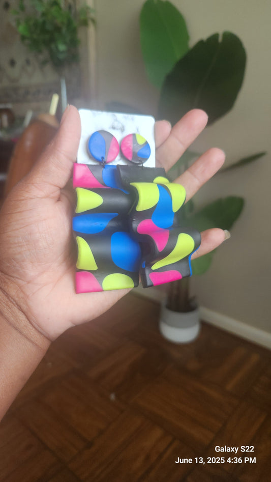 Black/Lime/Pink Wavy Dangle Earrings