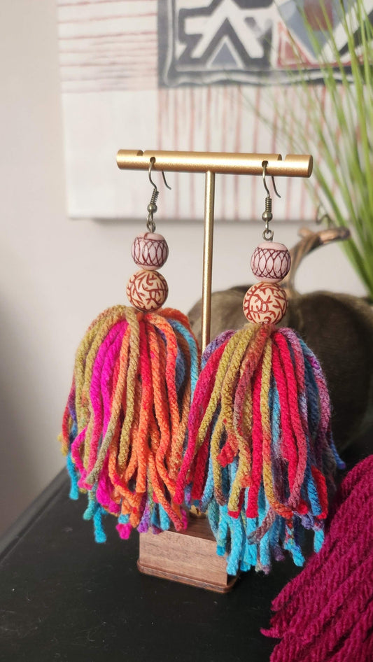 Boho Jewel Tone Tie-Dye Tassel Earrings