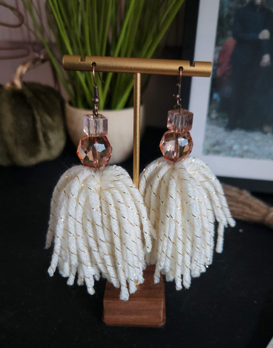Ivory and Gold Beaded Tassel Earrings