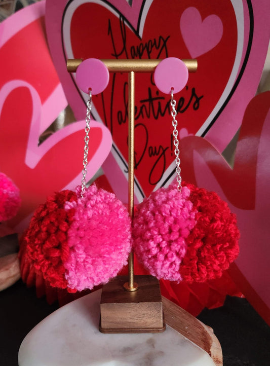 Pink & Red ColorBlok Pom Pom Earrings