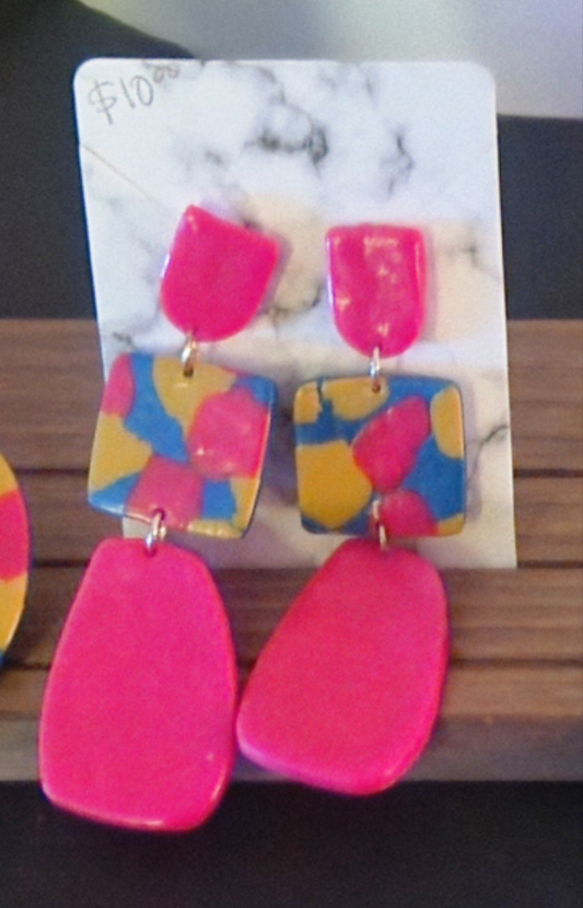 Hot Pink/Multicolor Abstract Dangle Clay Earrings