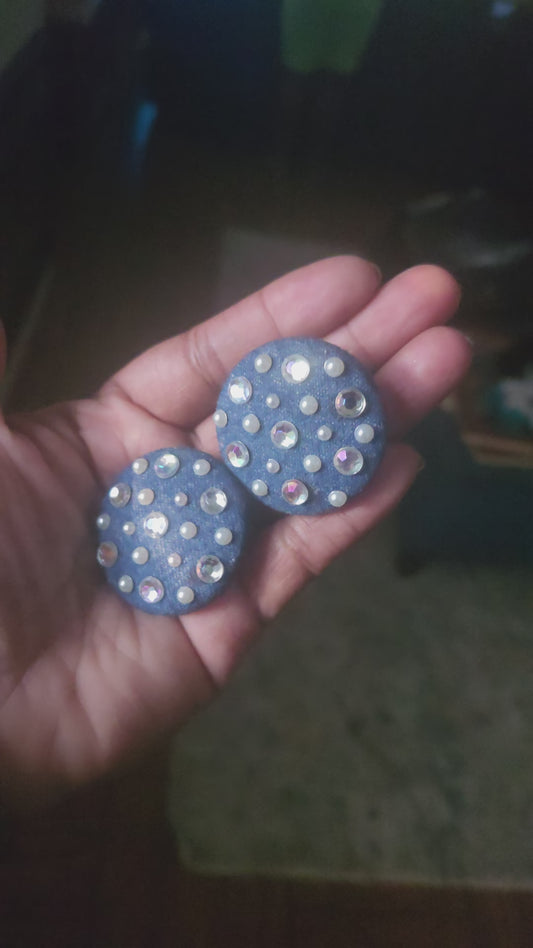 Rhinestone & Pearl Denim Button Earrings