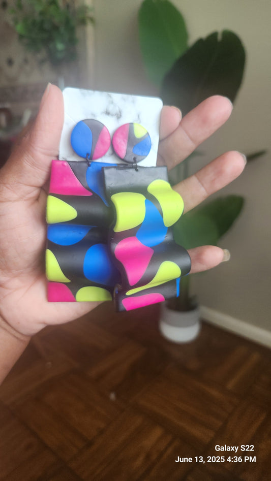Black/Lime/Pink Wavy Dangle Earrings