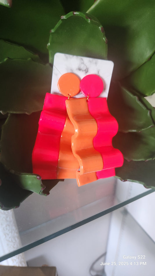Clay Hot Pink/Orange Split Wavy Dangle Earrings
