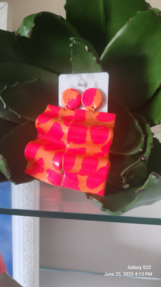 Hot Pink/Orange Abstract Wavy Dangle Earrings
