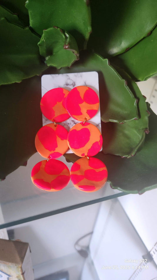 Hot Pink/Orange Abstract Round Circles Dangle Earrings