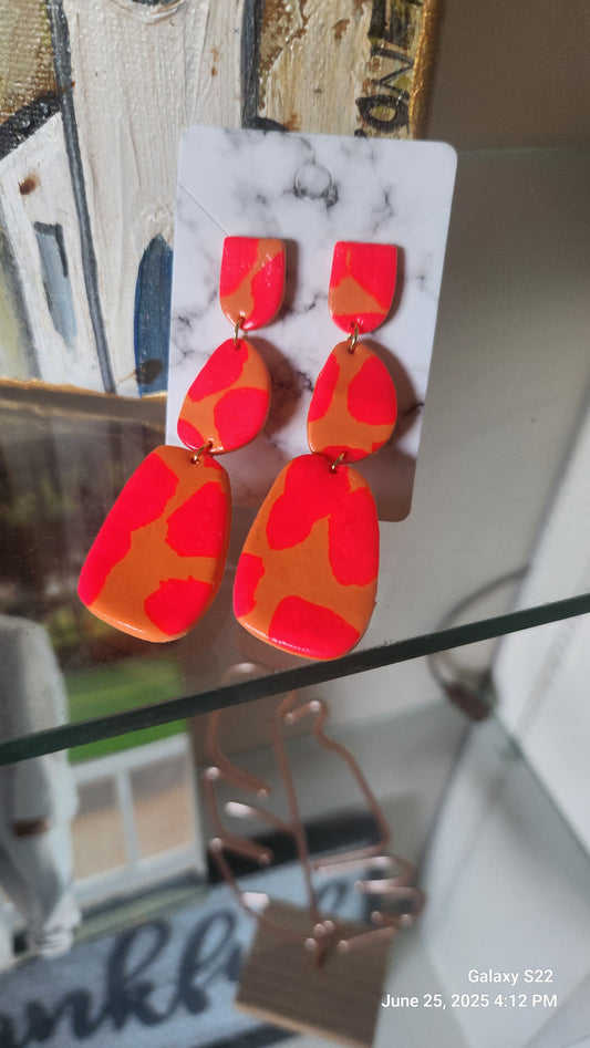 Hot Pink and Orange Clay Abstract Dangle Earrings